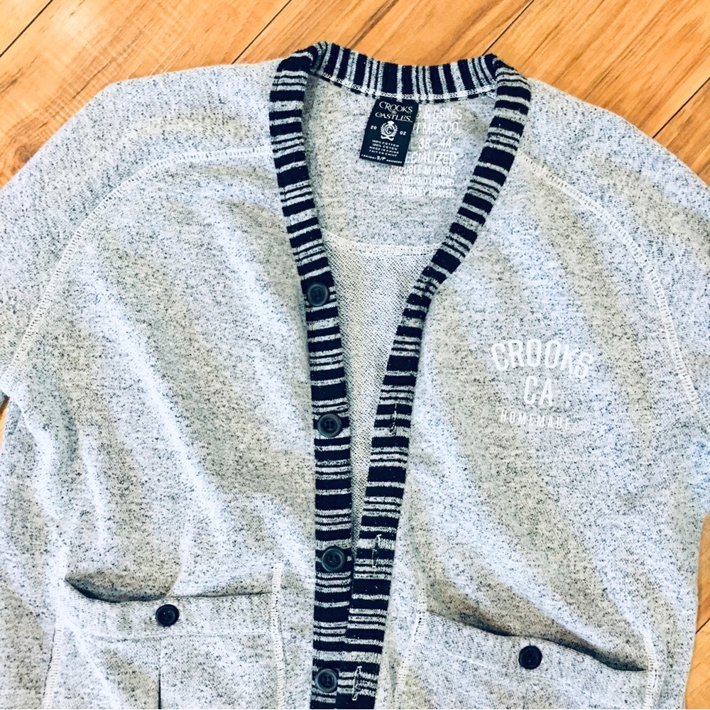Crooks and Castles cardigan sweatshirt button up grey gray black small m…